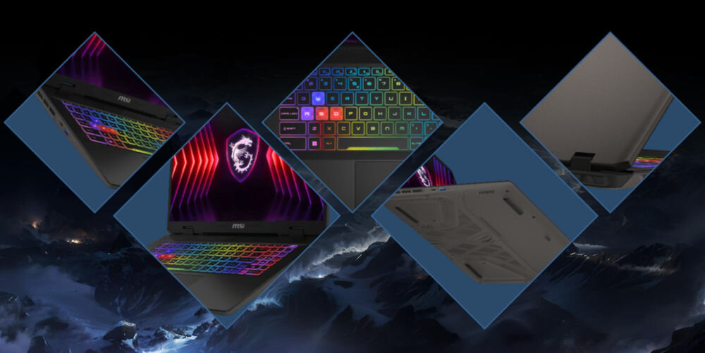 Laptop MSI Sword 16 HX B14VGKG-820XPL 16 IPS 240Hz i9-14900HX 16GB RAM 1TB SSD GeForce RTX4070 DLSS 3
gaming bez kompromisów, wydajne podzespoły, stylowa obudowa w kolorze kosmicznej szarości,
5 kwadratów ze zbliżeniami na różne elementy laptopa - porty, klawiatura, spód, zawias