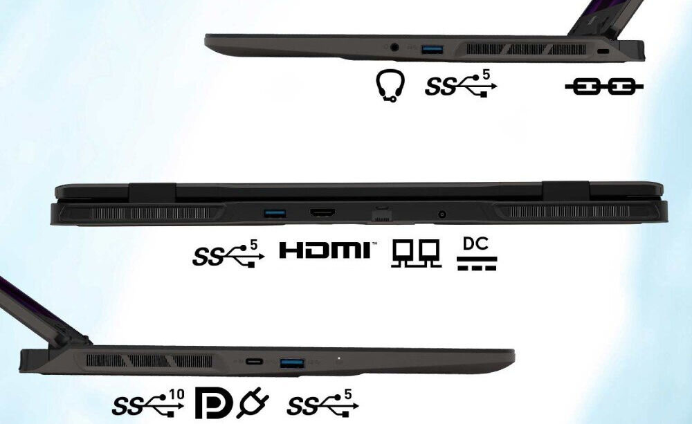 Laptop MSI Sword 16 HX B14VGKG-820XPL 16 IPS 240Hz i9-14900HX 16GB RAM 1TB SSD GeForce RTX4070 DLSS 3
podłącz co potrzebne, bogaty zestaw portów, USB-C (3.2 Gen2 / DisplayPort / Power Delivery 3.0),
3x USB-A (3.2 Gen1), HDMI, złącze Ethernet 1 GB, combo jack 3,5 mm, port HDMI
obsługujący rozdzielczość 4K, bok oraz tył laptopa, podpisane porty, biało-niebieskie tło