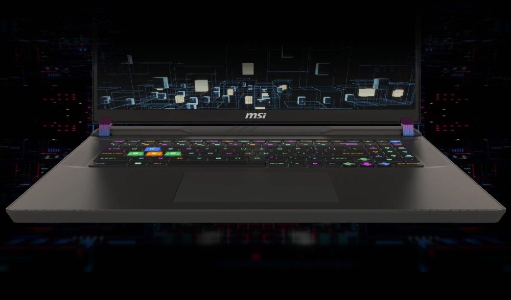 Laptop gamingowy MSI Vector 17 na ciemnym tle pokazujący podświetlaną klawiaturę. klawiatura podświetlenie synchronizacja