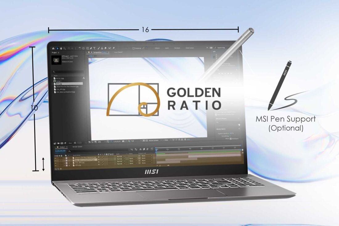 Laptop MSI Creator Z16 HX Studio - Obrazek przedstawia laptop MSI Creator Z16 HX Studio, ilustrujący zastosowanie złotej proporcji w tworzeniu estetycznych kompozycji. Proporcje 16:10, MSI Pen, 4096 poziomów nacisku, MPP 2.0