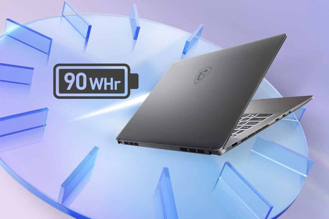 Laptop MSI Creator Z16 HX Studio - Laptop MSI Creator Z16 HX Studio z ikoną baterii, symbolizującą pojemność 90 Wh. Grubość 19 mm, Technologia szybkiego ładowania