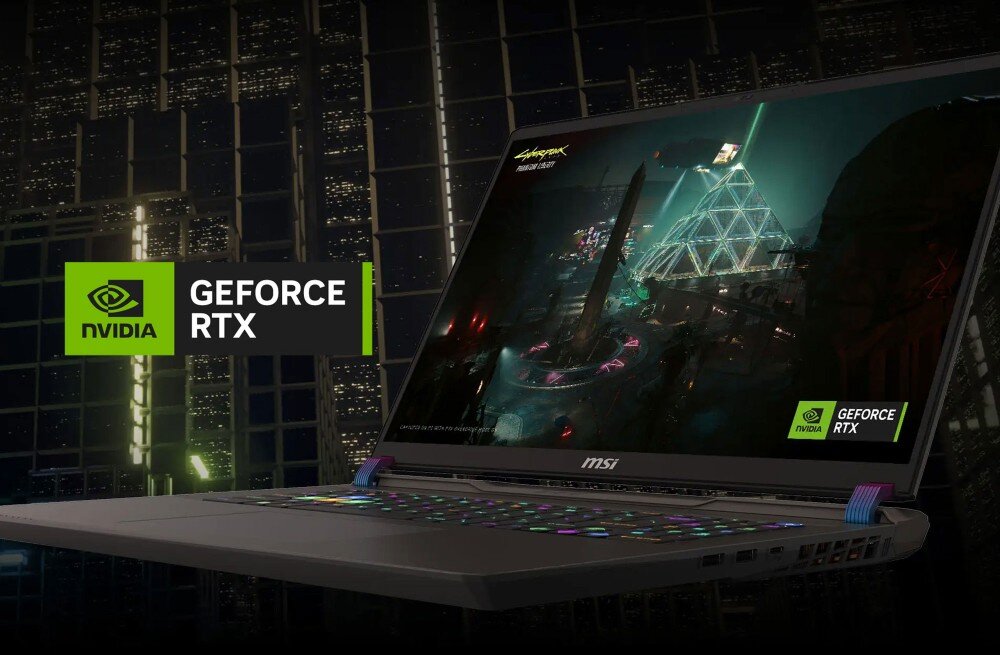 Laptop wyposażony w NVIDIA GeForce RTX, przeznaczony do intensywnego użytkowania w grach i grafice.   karta graficzna moc architektura wydajność