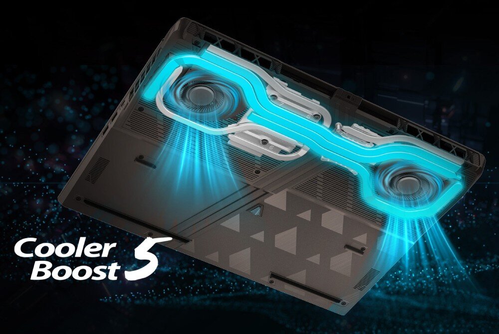 Obrazek przedstawia system chłodzenia z widocznym napisem Cooler Boost 5. system chłodzenia wentylatory ciepłowody temperatura