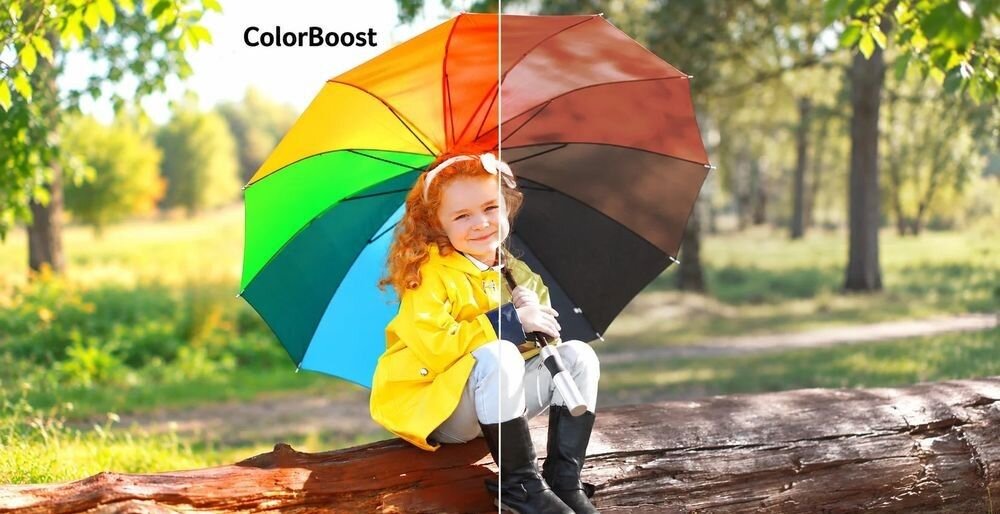 Projektor ACER H6830BD 4K ponad miliard kolorów ColorBoost 3D HDR10 natywna rozdzielczość 4K UHD, Dziewczynka z kolorowym parasolem, porównanie kolorów ColorBoost