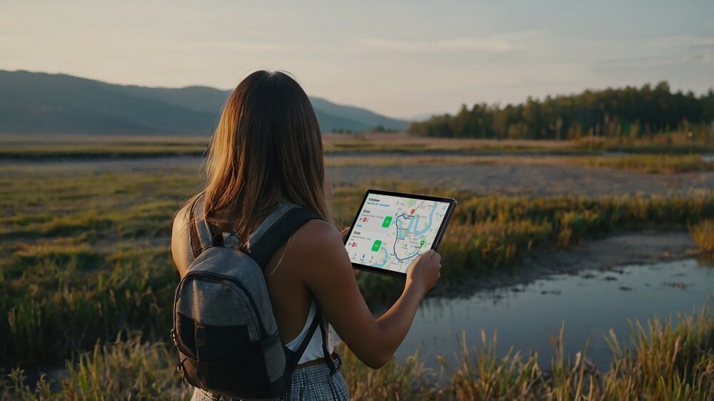 Tablet DOOGEE U11 łączność 5G kobieta korzysta z taletu w polu 