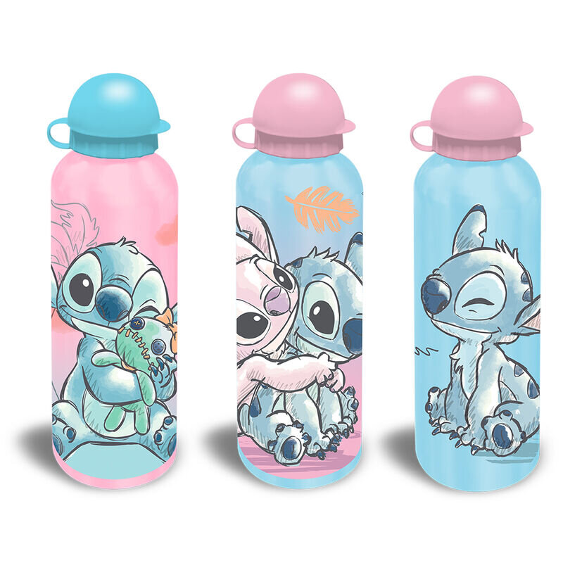 Trzy aluminiowe bidony dla dzieci z motywem Lilo i Stitch, każdy z kolorowym nadrukiem postaci i różnymi kolorami nakrętek: różowym i niebieskim.