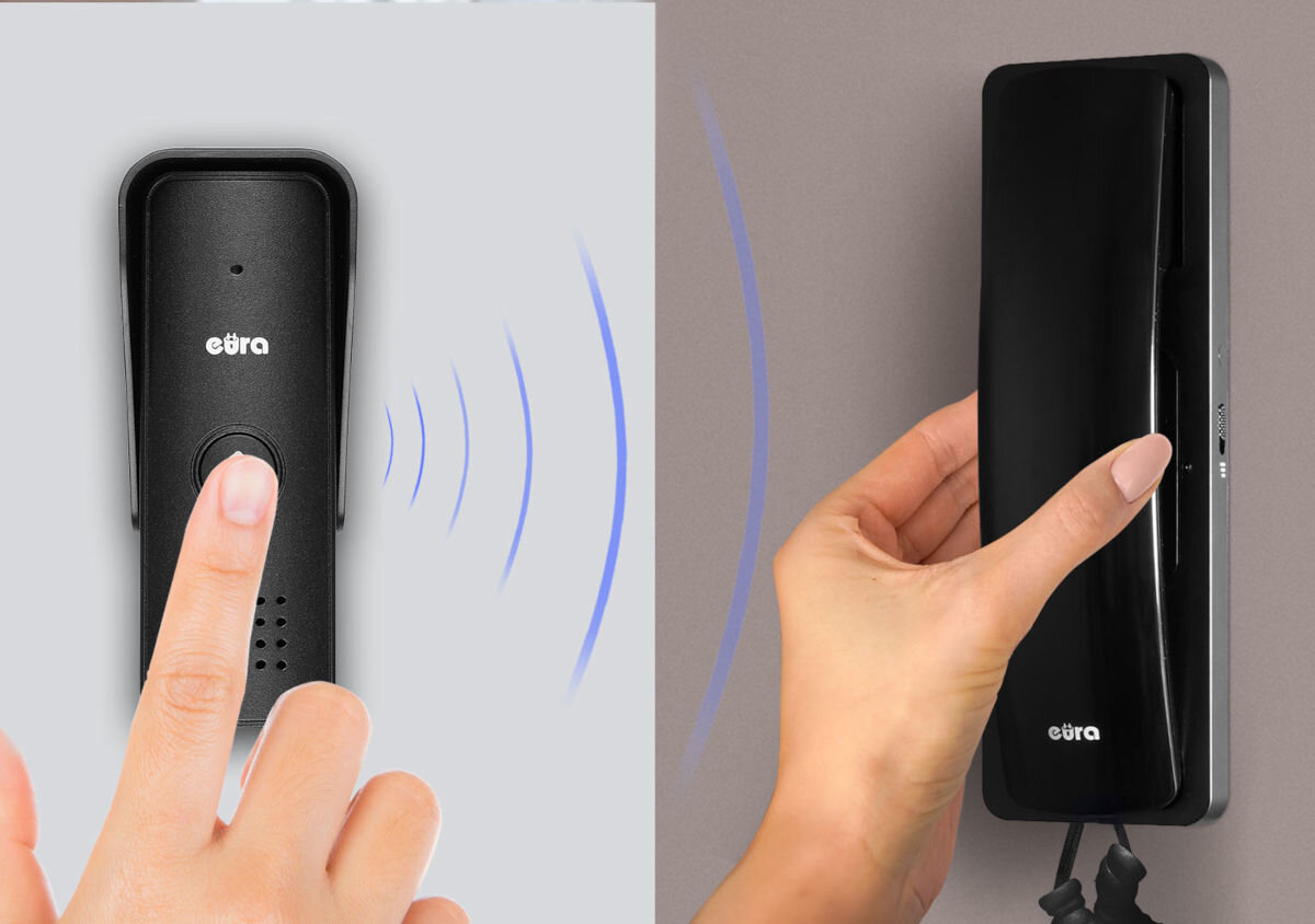 Domofon EURA ADP-24A3 Czarny, komunikacja, dźwięk, wygoda, dom, Grafika działania domofonu Eura, na której palec naciska przycisk dzwonka na czarnej kasecie, a druga ręka podnosi Czarny unifon, z niebieskimi falami symbolizującymi połączenie audio.