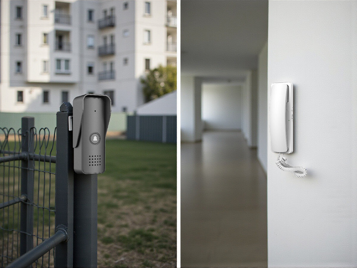 Domofon EURA ADP-24A3 Biały, komunikacja, rozmowa, kontrola, bezpieczeństwo, Kaseta zewnętrzna EURA na ogrodzeniu, unifon w białym korytarzu, blok mieszkalny w tle.