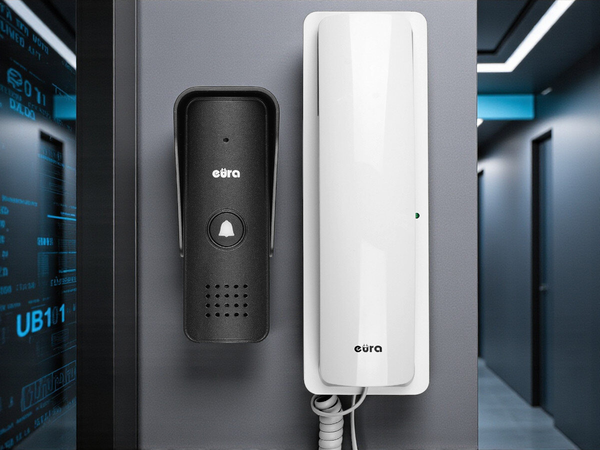 Domofon EURA ADP-24A3 Biały, rozmowa, obsługa, montaż, domofon, Kaseta EURA z daszkiem i unifon zamontowane obok siebie na ścianie w jasnym korytarzu.