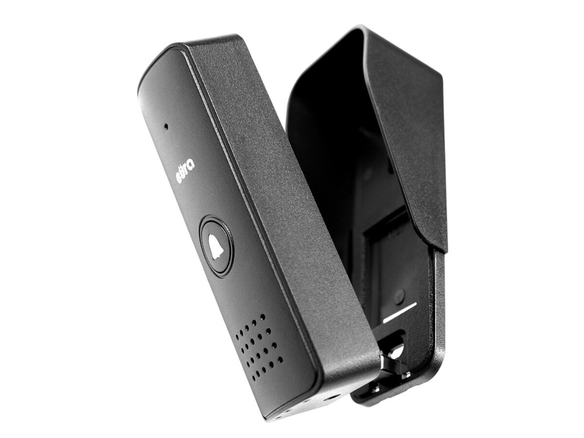 Domofon EURA ADP-24A3 Biały, odporność, aluminium, ochrona, pogoda, Kaseta zewnętrzna EURA ADP-24A3 z daszkiem pokazana pod kątem na białym tle.