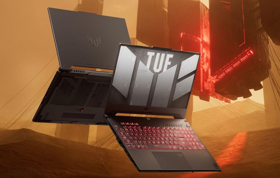 Laptop ASUS TUF Gaming A15 z gamingowym designem i wydajnymi podzespołami.