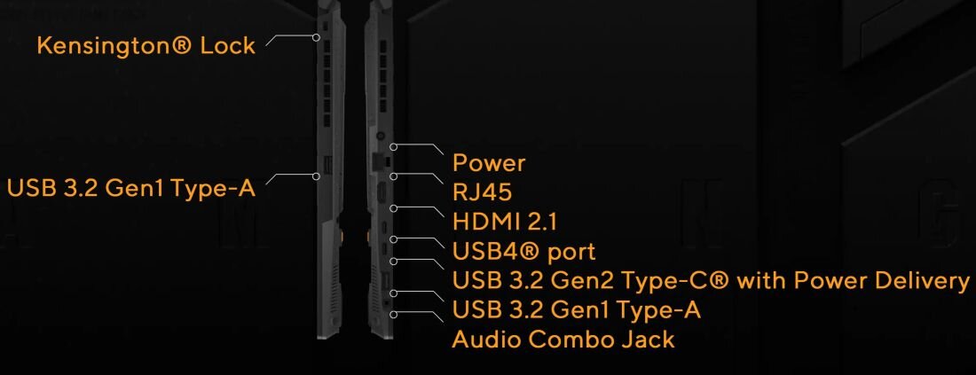 Złącza i inne elementy widoczne na bokach laptopa. - HDMI 2.0b USB typu C DisplayPort Wi-Fi 6 (802.11ax)