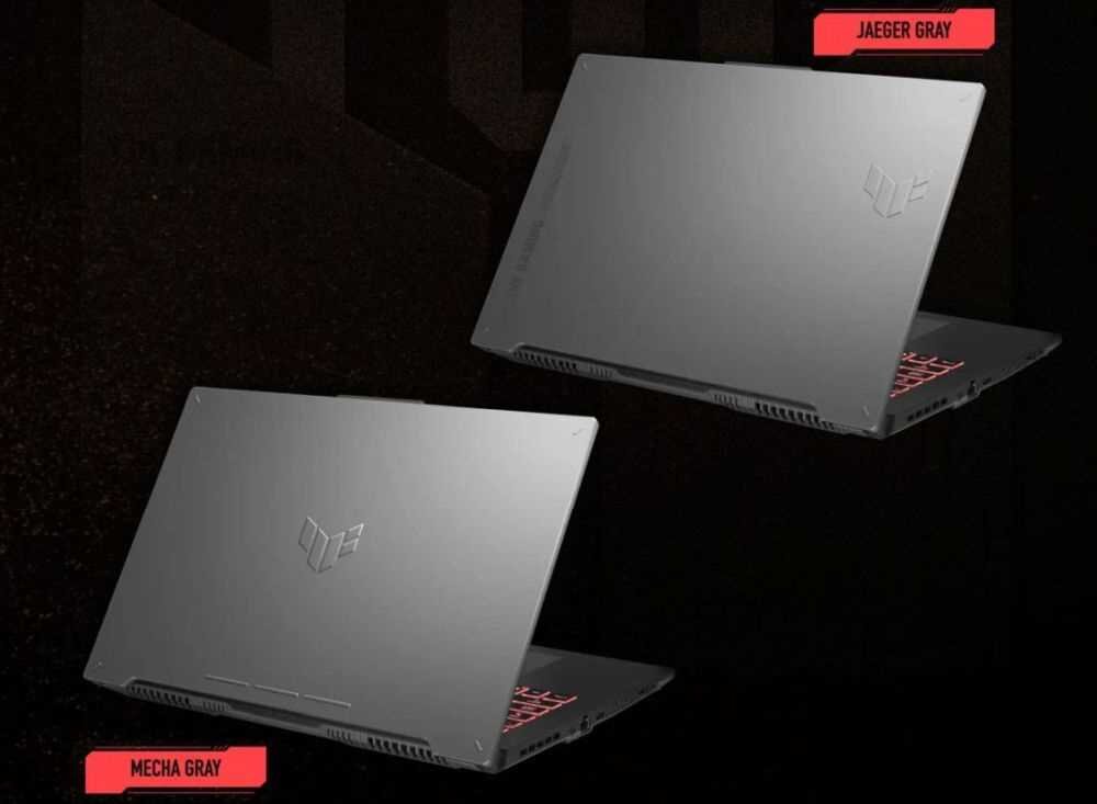 Dwa laptopy o podobnym designie, ustawione obok siebie, prezentujące styl i kolorystykę. - Wzornictwo TUF Jaeger Grey Mecha Grey