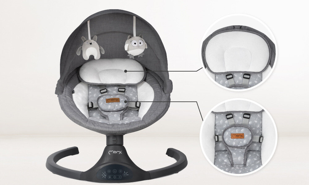 Bujaczek MOMI Kenani BULE00022 Ciemnoszary Bezpieczeństwo i stabilność Wyprofilowane siedzisko  miękka poduszka pod głowę 5-punktowe pasy i szeroki pas krokowy  Rama ze stali i aluminium antypoślizgowe podkładki poczucie kontroli