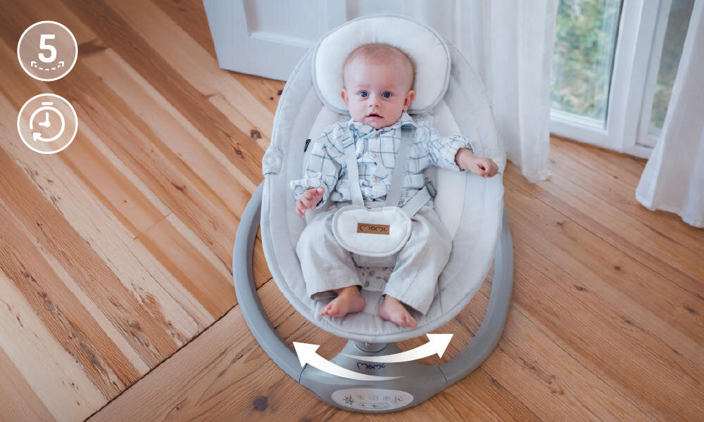 Bujaczek MOMI Kenani BULE00023 Jasnoszary Naturalne kołysanie i timer 5-stopniowa regulacja zakresu bujania dopasowanie nastrój Regulacja czasu kołysania – 8, 15 lub 30 minut