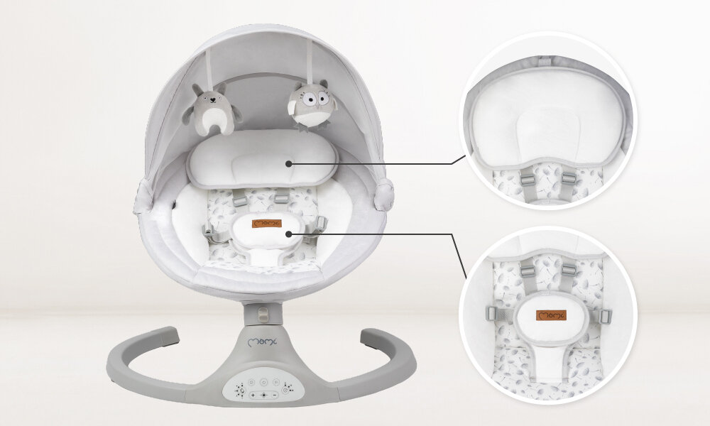 Bujaczek MOMI Kenani BULE00023 Jasnoszary Bezpieczeństwo i stabilność Wyprofilowane siedzisko  miękka poduszka pod głowę 5-punktowe pasy i szeroki pas krokowy  Rama ze stali i aluminium antypoślizgowe podkładki poczucie kontroli