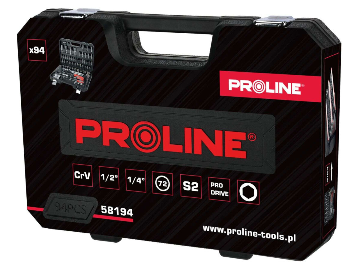 Zestaw kluczy nasadowych PROLINE 58194 (94 szt.), odporność, niklowane, polerowane, czyszczenie, na białym tle zamknięta skrzynka z zestawem kluczy