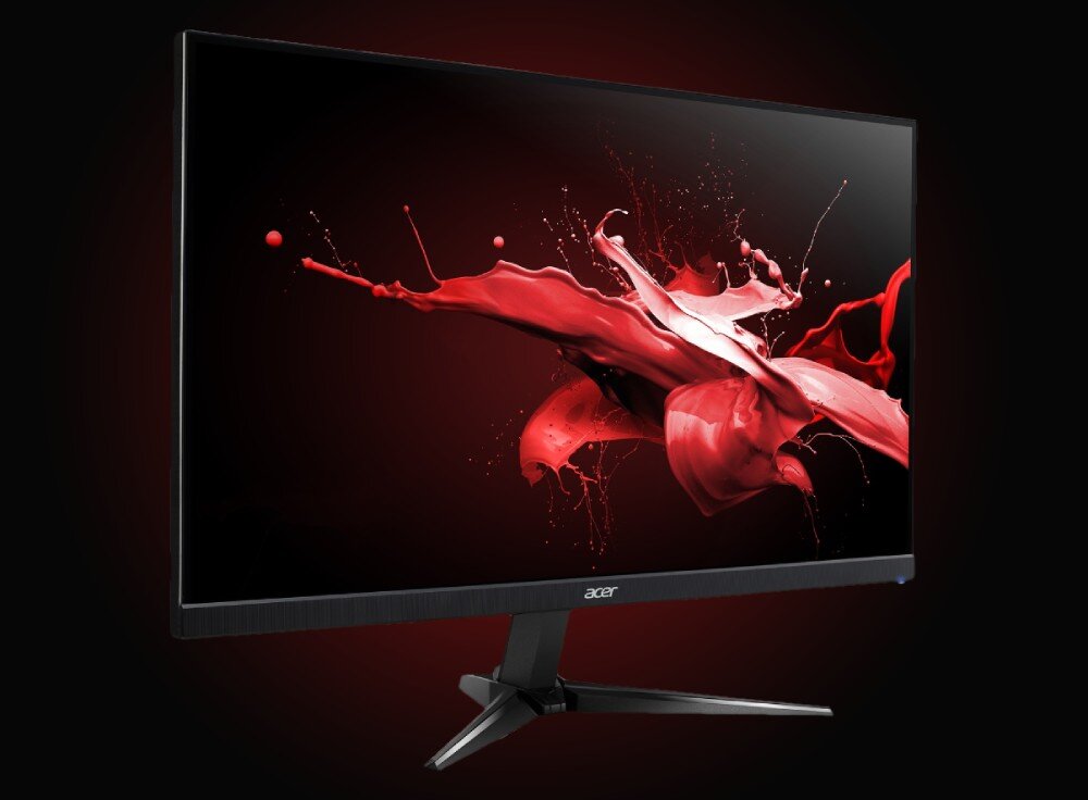 Monitor ACER Nitro QG271 M3 Monitor Acer z cienkimi ramkami i dynamiczną grafiką czerwonej farby rozlewającej się na ekranie, umieszczony na czarnym tle
