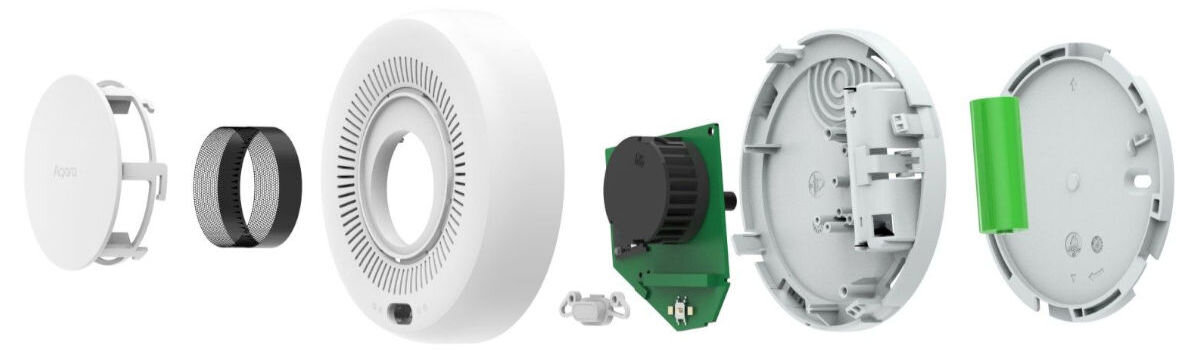 Czujnik dymu AQARA SD-S01D, powiadomienia, syrena, diody LED, Wizualizacja rozkręconego w całości czujnika i pokazanie części z, których się składa. wszystko na białym tle.