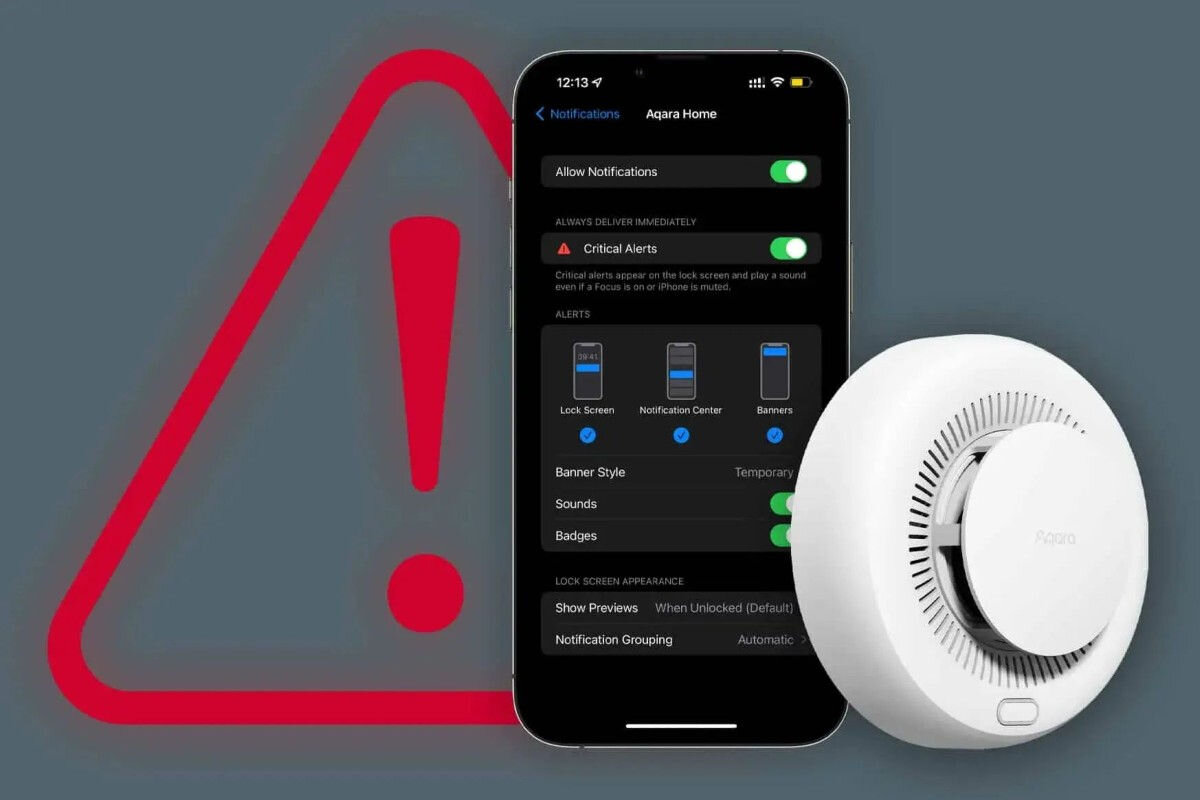 Czujnik dymu AQARA SD-S01D, Integracja, aplikacje, Homekit, Amazon, kompatybilny, Na zdjęciu smartfon z aplikacją apple home kit, czujnik dymu przed smartfonem, w tle znak uwaga z wykrzyknikiem.