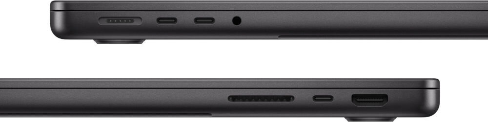 Laptop APPLE MacBook Pro 2024 14 Retina M4 16GB RAM 512GB SSD macOS Gwiezdna czerń
					łączność i porty, wszechstronne opcje podłączania urządzeń, port MagSafe 3,
					trzy porty USB-C z Thunderbolt 4, transfer do 40 Gb/s, gniazdo 
					słuchawkowe jack 3,5 mm, port HDMI, czytnik kart SDXC, Wi-Fi 6E, Bluetooth 5.3
					lewy i prawy bok laptopa na białym tle, widoczne porty