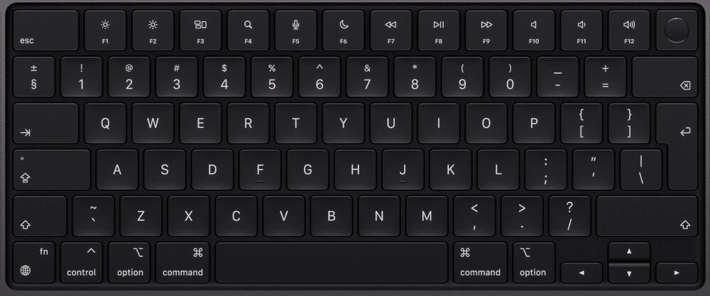 Laptop APPLE MacBook Pro 2024 14 Retina M4 16GB RAM 512GB SSD macOS Gwiezdna czerń
					praktyczna klawiatura, klawiatura Magic Keyboard, ciche, niskoprofilowe klawisze, podświetlenie klawiatury
					automatycznie dostosowujące się do warunków oświetleniowych, 12 klawiszy funkcyjnych
					zbliżenie na klawiaturę laptopa