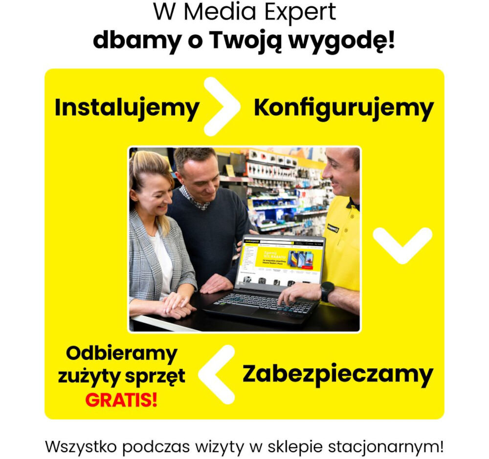 Usługa MediaExpert - Zadbaj o swoją wygodę, możliwość skonfigurowania sprzętu przez pracownika, możliwość skonfigurowania zabezpieczeń, założenia partycji HDD oraz sparowania urządzeń, takich jak mysz czy drukarka