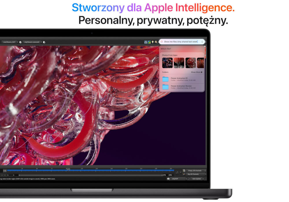 Laptop APPLE MacBook Pro 2024 14 Retina M4 Pro 24GB RAM 1TB SSD macOS Gwiezdna czerń
z potężną ochroną prywatności, system Apple Intelligence, ciągła ochrona prywatności, przetwarza
dane bezpośrednio na Macu i jest z nim ściśle zintegrowany, nie gromadzi danych, prywatna chmura obliczeniowa,
możliwość korzystania z modeli dostępnych na serwerach opartych na układach scalonych Apple,
laptop na białym tle od frontu, napis Stworzony dla Apple Intelligence. Personalny, prywatny, potężny