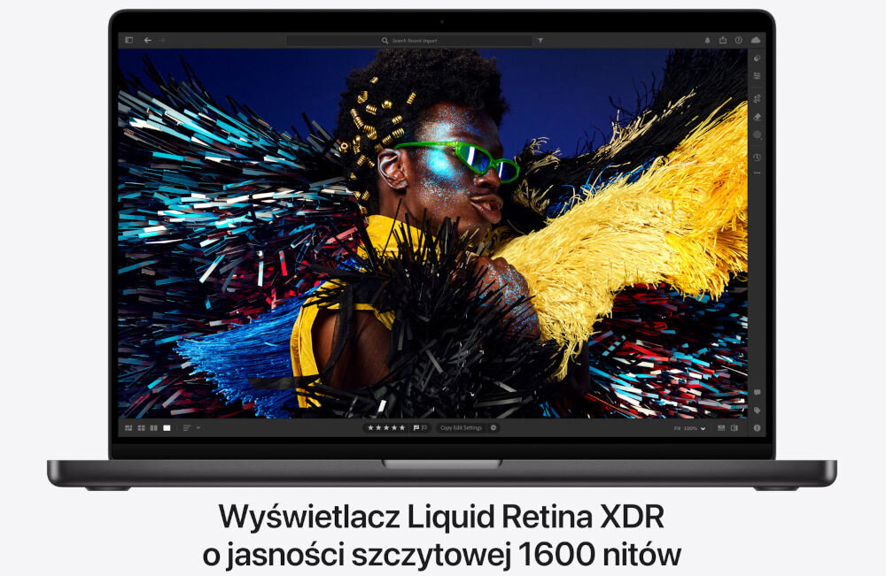 Laptop APPLE MacBook Pro 2024 14 Retina M4 Pro 24GB RAM 1TB SSD macOS Gwiezdna czerń
wszystko w lepszym świetle, wyświetlacz Liquid Retina XDR, maksymalna jasność 1600 nitów w trybie HDR,
1000 nitów dla treści SDR, automatyczne dostosowanie jasności do 1 nita w warunkach słabego oświetlenia,
laptop na białym tle od frontu, czarny napis Wyświetlacz Liquid Retina XDR o jasności szczytowej 1600 nitów