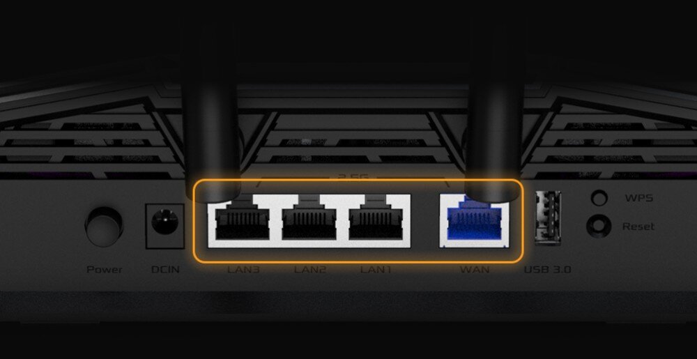 Router ASUS TUF Gaming BE6500 Zbliżenie na tylny panel routera z zaznaczonymi czterema portami Ethernet, portem WAN i portem USB-A, porty Ethernet, tethering