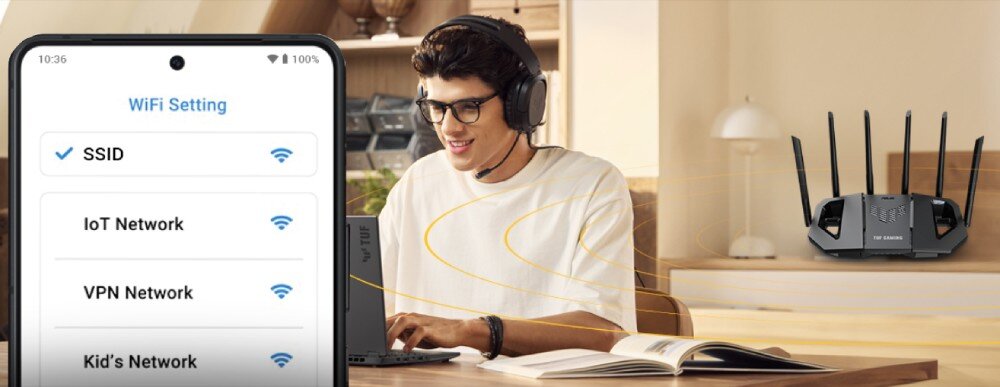 Router ASUS TUF Gaming BE6500 Mężczyzna w słuchawkach pracujący przy laptopie, obok widoczna lista sieci Wi-Fi z oznaczeniami IoT, VPN i sieci dziecięcej, technologia AiMesh, kompatybilność, rozbudowa