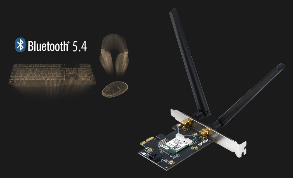 Karta sieciowa ASUS PCE-BE6500 Karta sieciowa z dwiema antenami i grafiką przedstawiającą symbol Bluetooth 5.4 oraz zarys klawiatury, myszki i słuchawek, łączność Bluetooth 5.4