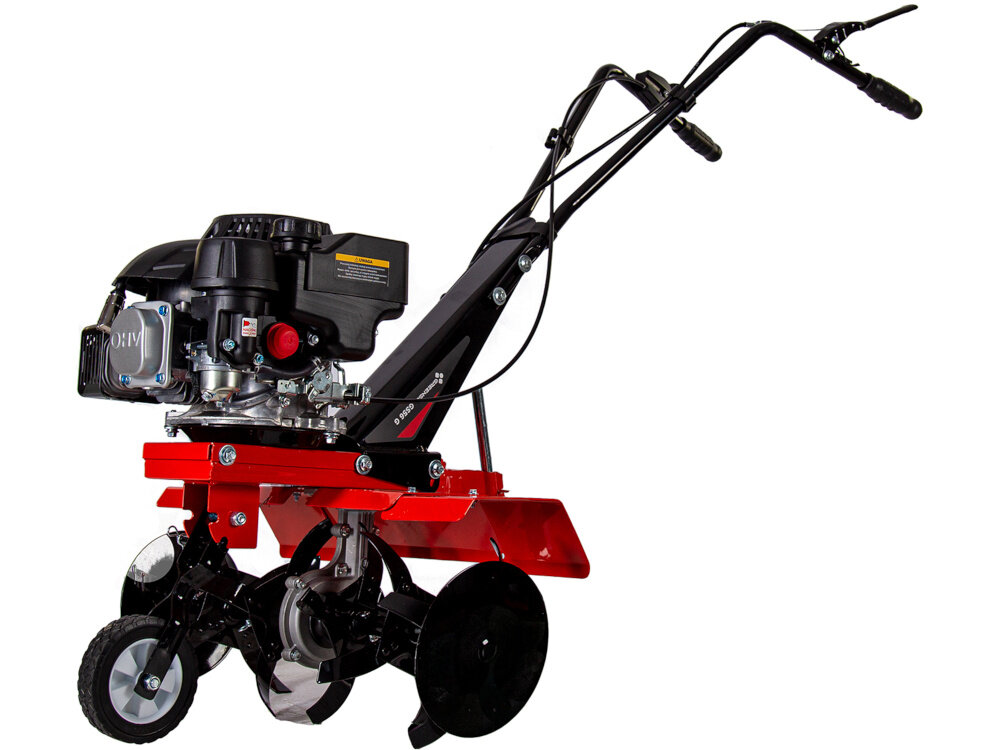 Glebogryzarka spalinowa GREENSO GS56-G150 z napędem 2.7 kW glebogryzarka na białym tle widoczna od tyłu pod skosem wytrzymała stalowa rama trwałość odporność na trudne warunki użytkowania stabilna konstrukcja duże bezpieczeństwo poziom hałasu na poziomie do 93 dB waga około 29,5 kg
