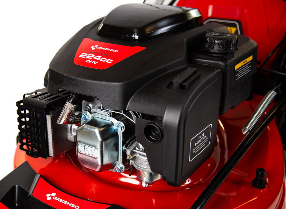 Kosiarka spalinowa GREENSO KS53-G224NE zbliżenie na silnik silnik marki DUCAR DV224 wysoka moc trwałość technologia czterosuwowa konstrukcja górnozaworowa OHV silnik o pojemności 224 cm3 moc 4,4 kW zbiornik paliwa o pojemności 1,2 litra