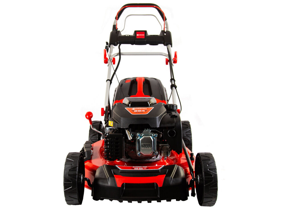 Kosiarka spalinowa GREENSO KS53-G224NE kosiarka na białym tle widoczna od przodu noże z wysokiej jakości stali wyprofilowanie noży kształtowanie krawędzi tnących szerokość koszenia 53 cm