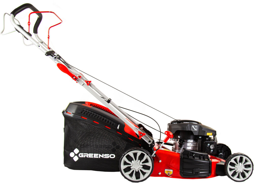 Kosiarka spalinowa GREENSO KS46-G150N Ducar DV150 z napędem 460mm 2.6kW kosiarka na białym tle widoczna z boku obudowa z wytrzymałej stali odporność na uderzenia działanie warunków atmosferycznych waga 26 kg