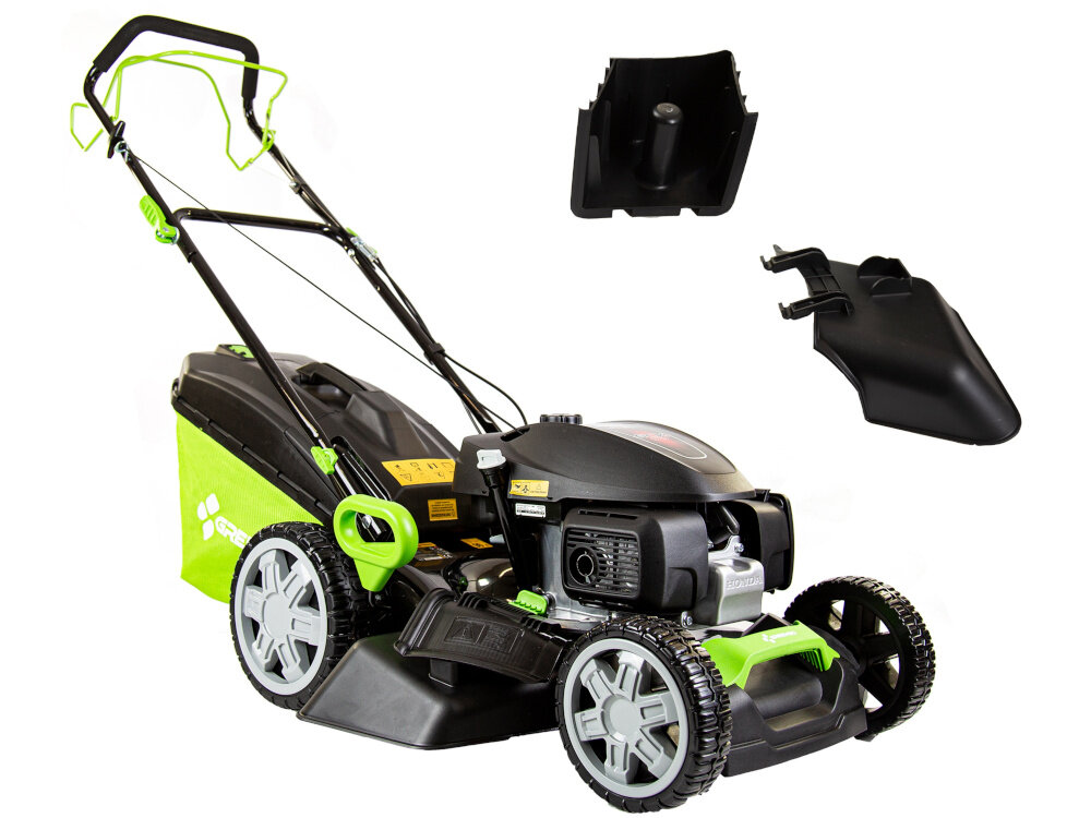 Kosiarka spalinowa GREENSO KS46-H170N-S z napędem 460mm 2.4kW kosiarka na białym tle widoczna od przodu pod skosem obok końcówki do mulczowania i wyrzutu bocznego warianty wyrzutu trawy wyrzut tylny boczny zbieranie do kosza mulczowanie nakierowanie trawy pod automatyczny nóż szybkie rozdrobnienie koszonych roślin naturalna forma nawozu