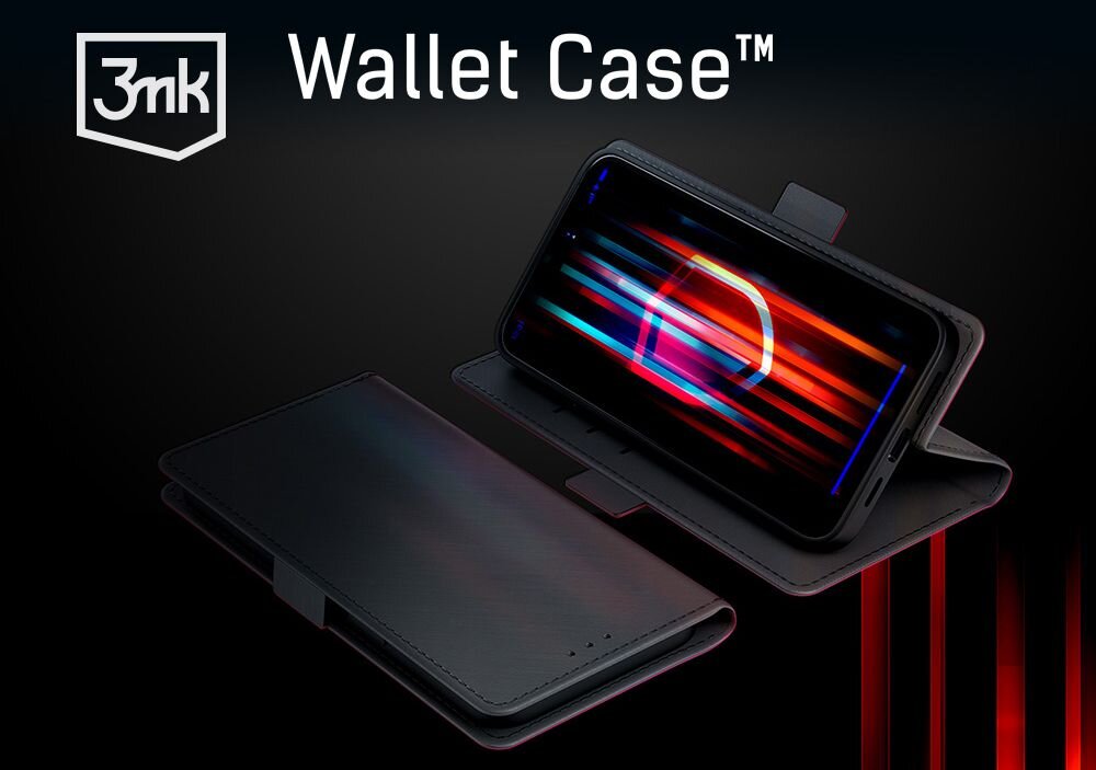 Na obrazie widoczne jest czarne etui typu Wallet Case z logo 3mk, w którym umieszczony jest telefon z kolorowym wyświetlaczem. Obok etui znajduje się napis \'Wallet Case™\'.