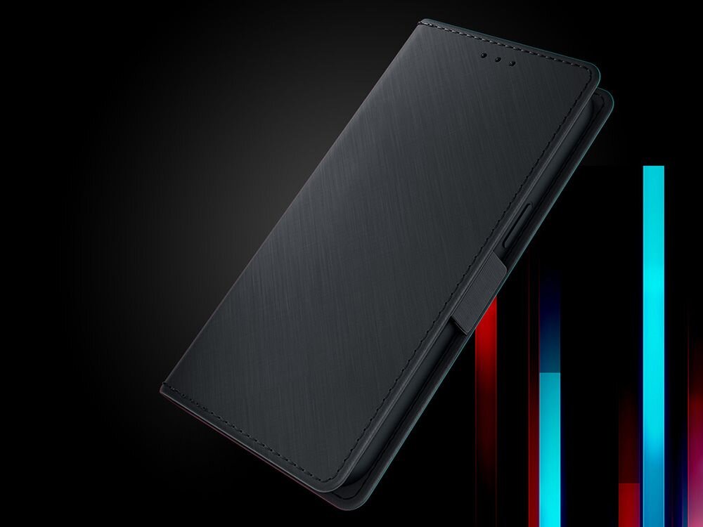 Czarne etui na telefon z klapką, wykonane z materiału o teksturze przypominającej szczotkowany metal. W tle widoczne są pionowe, kolorowe paski świetlne.