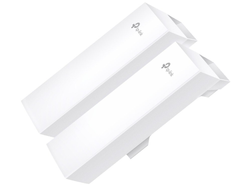 Punkt dostępu TP-LINK Omada EAP211-Bridge KIT Dwa identyczne, podłużne urządzenia sieciowe o prostokątnym kształcie, ułożone równolegle obok siebie po przekątnej na jasnym tle, opis