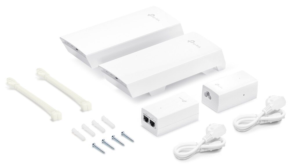 Punkt dostępu TP-LINK Omada EAP211-Bridge KIT Zestaw fabryczny zawierający dwa podłużne urządzenia, dwa zasilacze, dwa kable zasilające, opaski zaciskowe oraz komplet śrub i kołków montażowych, komplet, zawartość