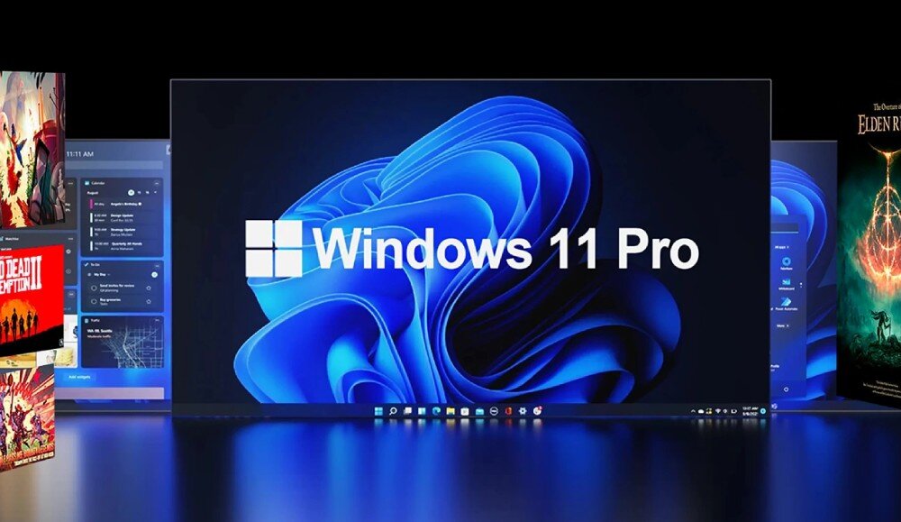 Komputer BLACKVIEW MP100 Na ekranie widać logo i napis 'Windows 11 Pro' na niebieskim tle z abstrakcyjnym kształtem, po bokach widoczne fragmenty okien aplikacji i okładek gier, system