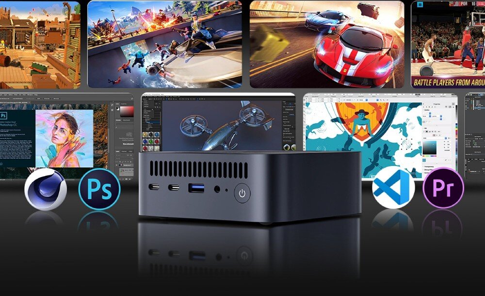 Komputer BLACKVIEW MP100 Komputer mini stoi na czarnym tle przed ekranami pokazującymi gry, programy graficzne i aplikacje, obok ikon programów takich jak Photoshop i Premiere Pro, pamięć RAM, rozbudowa