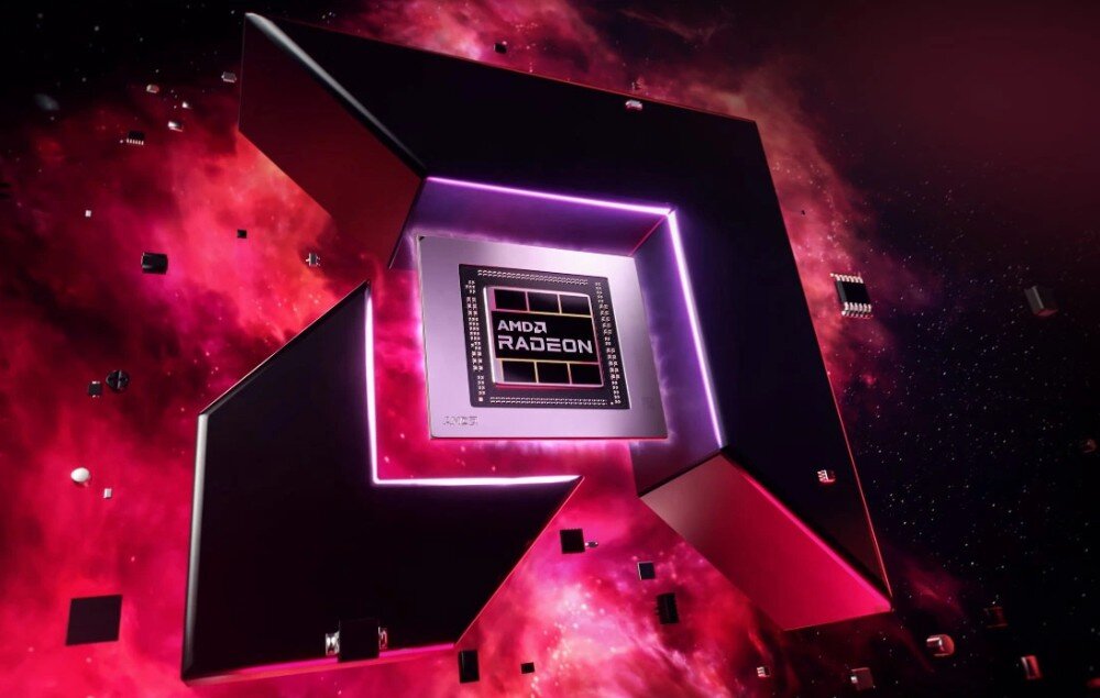 Komputer BLACKVIEW MP100 Grafika z logotypem AMD Radeon na tle przestrzeni kosmicznej w odcieniach różu i fioletu, układ graficzny, rozdzielczość