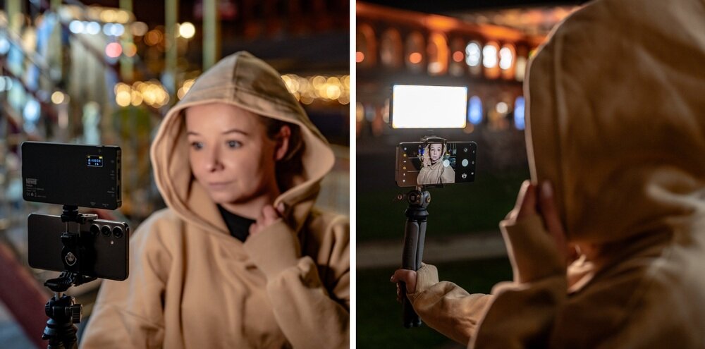 Osoba nagrywająca wideo nocą smartfonem z lampą Newell LED RGB-W Rangha zamocowaną na statywie, oświetlającą twarz