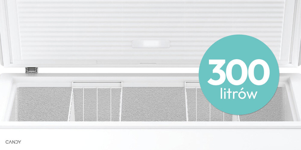 Zamrażarka CANDY CCHH 3012E pojemna wnętrze Pojemność 300 litrów dużo miejsca przechowywanie żywności mrożenie mrożonki kuchnie restauracje łatwa organizacja