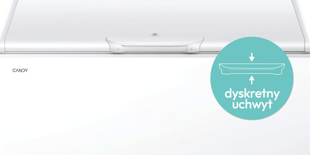 Zamrażarka CANDY CCHH 3012E Dyskretny uchwyt łatwe otwieranie zamykanie minimalizm design wygoda