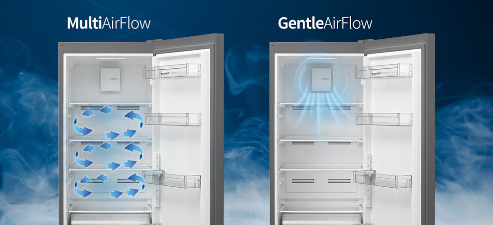 Obraz przedstawia dwie otwarte lodówki z systemami MultiAirFlow i GentleAirFlow, z niebieskimi strzałkami wskazującymi przepływ powietrza wewnątrz. Tło jest niebieskie z delikatnymi smugami przypominającymi parę.