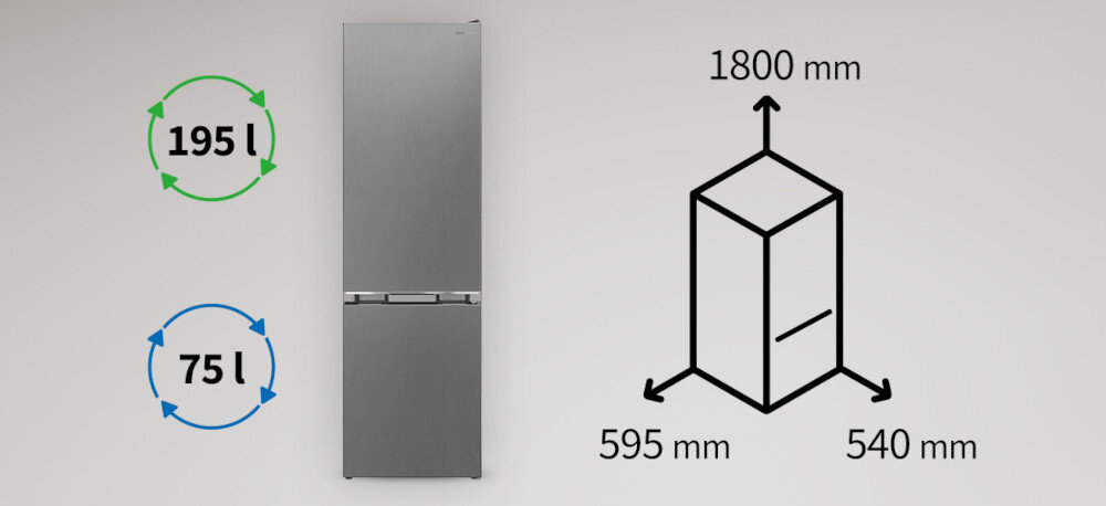 Obraz przedstawia lodówkę w kolorze inox z dwoma komorami. Obok lodówki znajdują się informacje: 195 l, 75 l oraz wymiary 1800 mm, 595 mm, 540 mm.
