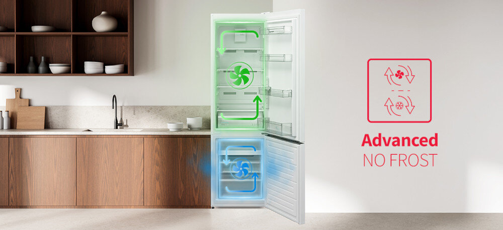 Otwarta biała lodówka z widocznym systemem cyrkulacji powietrza oznaczonym zielonymi i niebieskimi strzałkami. Obok lodówki znajduje się napis \'Advanced NO FROST\' oraz ikona przedstawiająca cyrkulację powietrza.